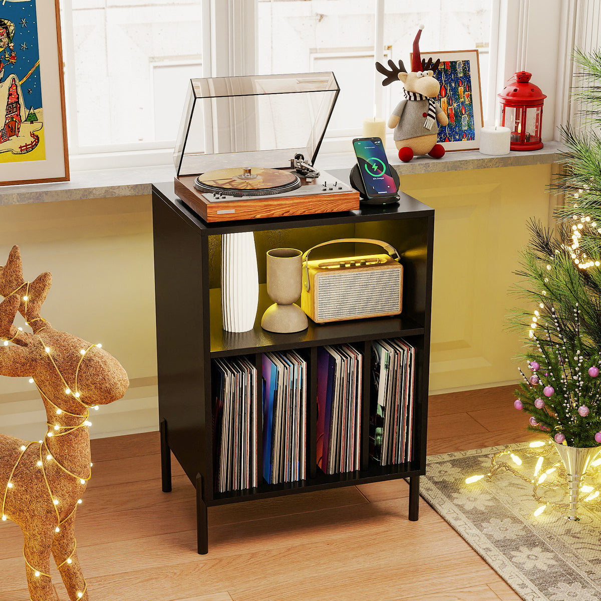 Record Player Stand with LED Light and Charging Station-Black-End & Side Tables-DECOROLALA