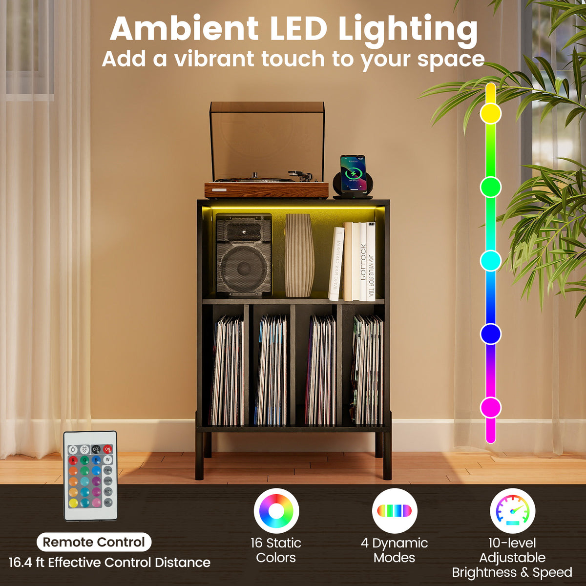 Record Player Stand with LED Light and Charging Station-Black-End & Side Tables-DECOROLALA