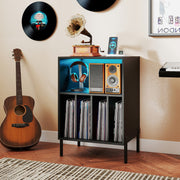 Record Player Stand with LED Light and Charging Station-Black-End & Side Tables-DECOROLALA