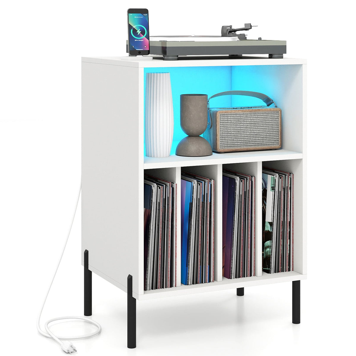 Record Player Stand with LED Light and Charging Station-White-End & Side Tables-DECOROLALA