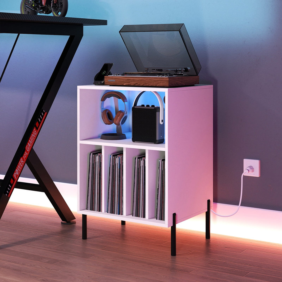Record Player Stand with LED Light and Charging Station-White-End & Side Tables-DECOROLALA