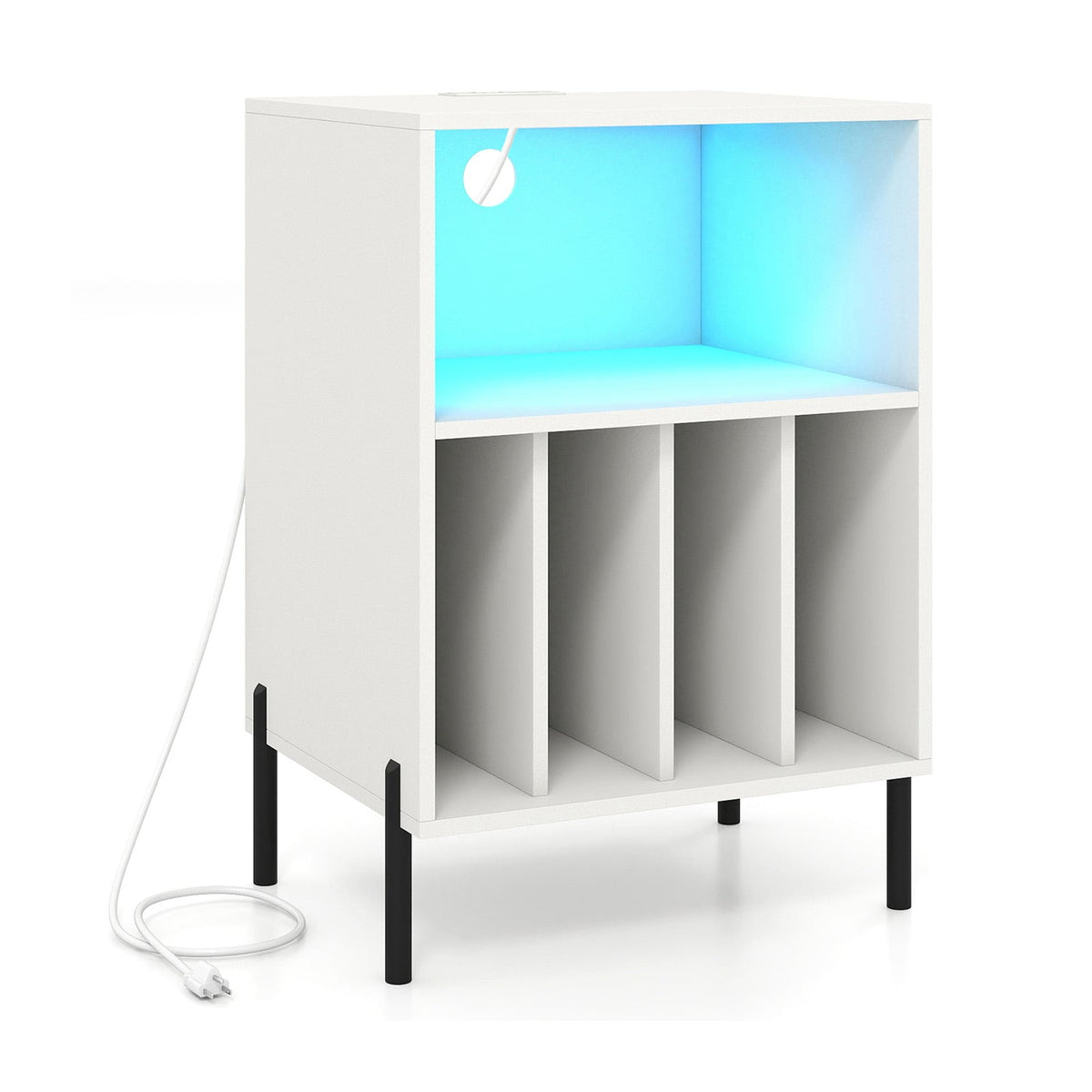 Record Player Stand with LED Light and Charging Station-White-End & Side Tables-DECOROLALA
