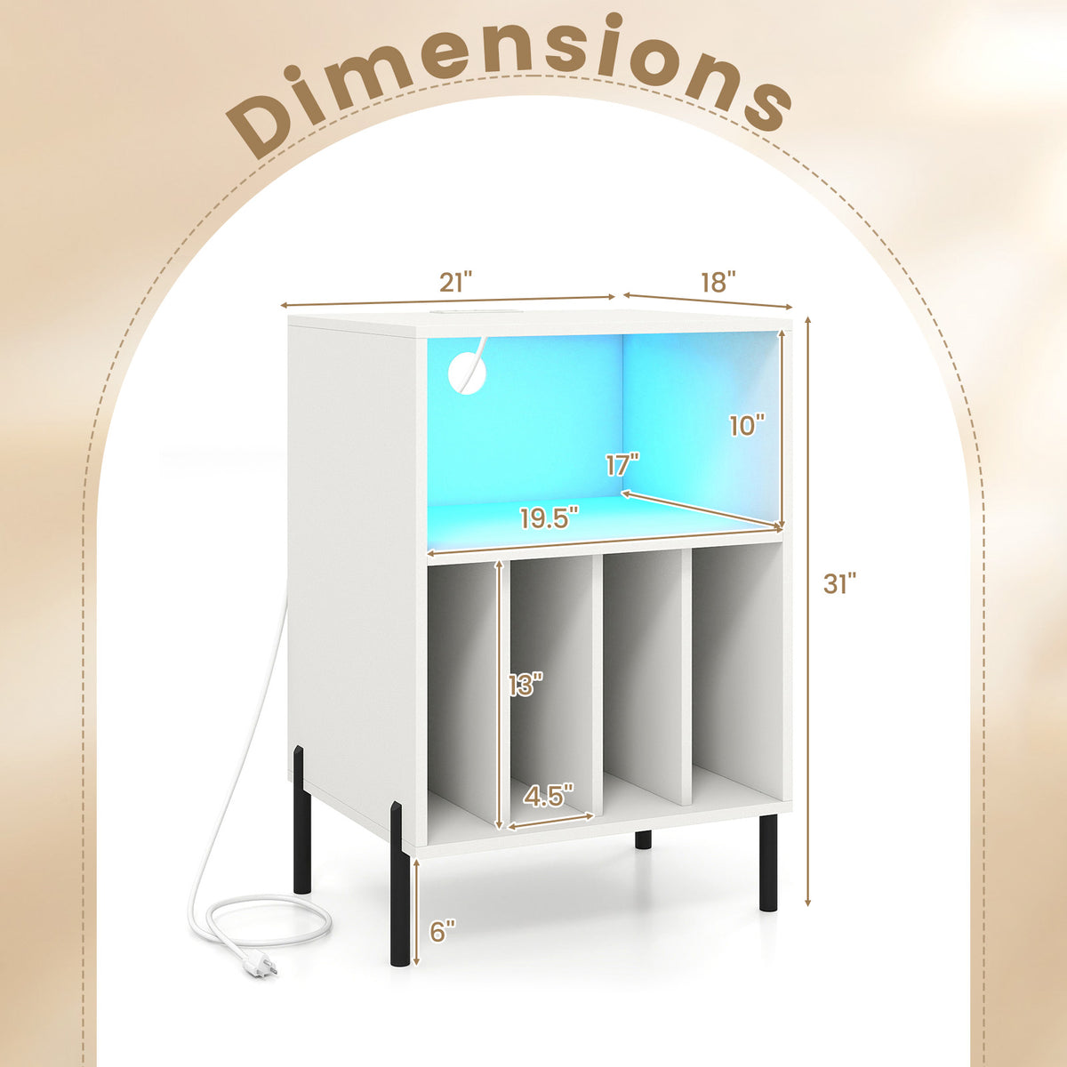 Record Player Stand with LED Light and Charging Station-White-End & Side Tables-DECOROLALA