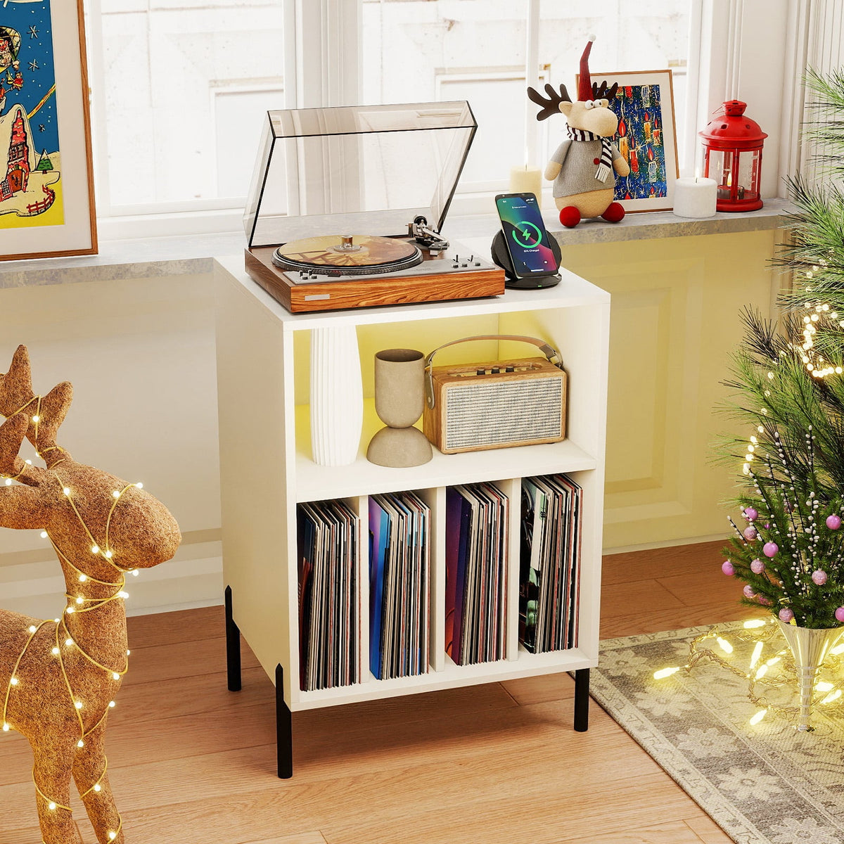Record Player Stand with LED Light and Charging Station-White-End & Side Tables-DECOROLALA