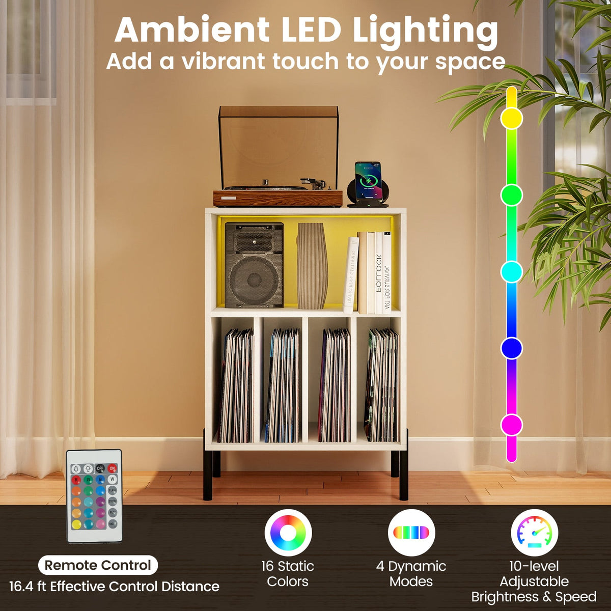 Record Player Stand with LED Light and Charging Station-White-End & Side Tables-DECOROLALA
