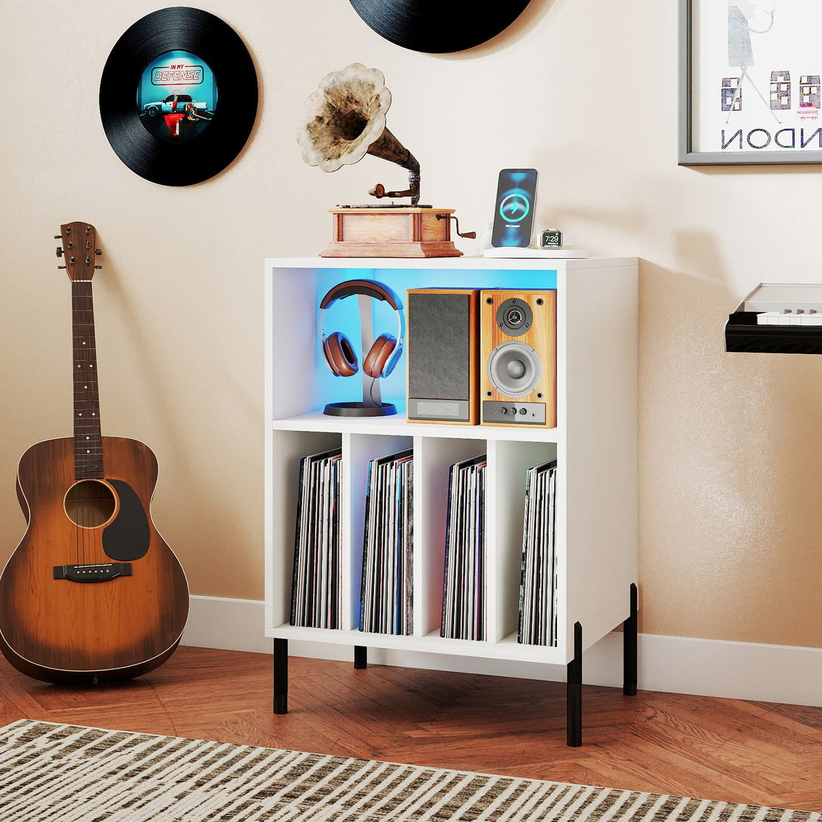Record Player Stand with LED Light and Charging Station-White-End & Side Tables-DECOROLALA