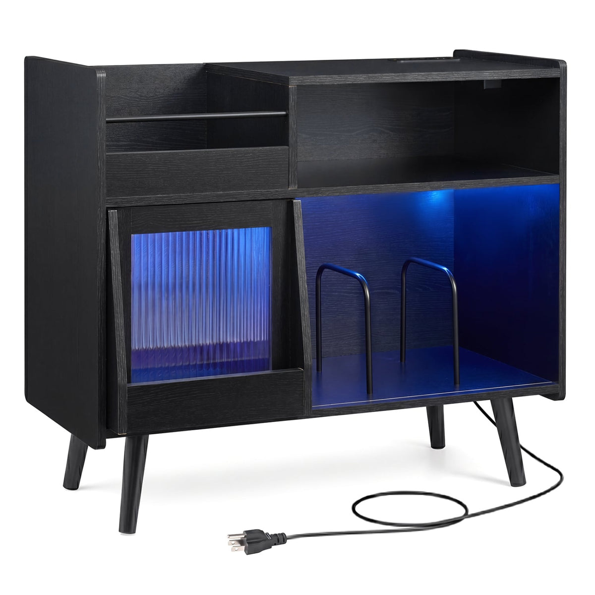 Record Player Stand with LED Light and Power Outlets-Black-End & Side Tables-DECOROLALA
