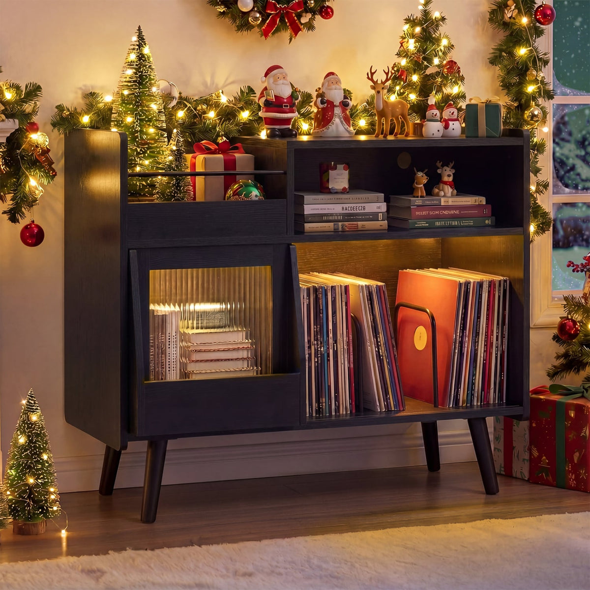 Record Player Stand with LED Light and Power Outlets-Black-End & Side Tables-DECOROLALA