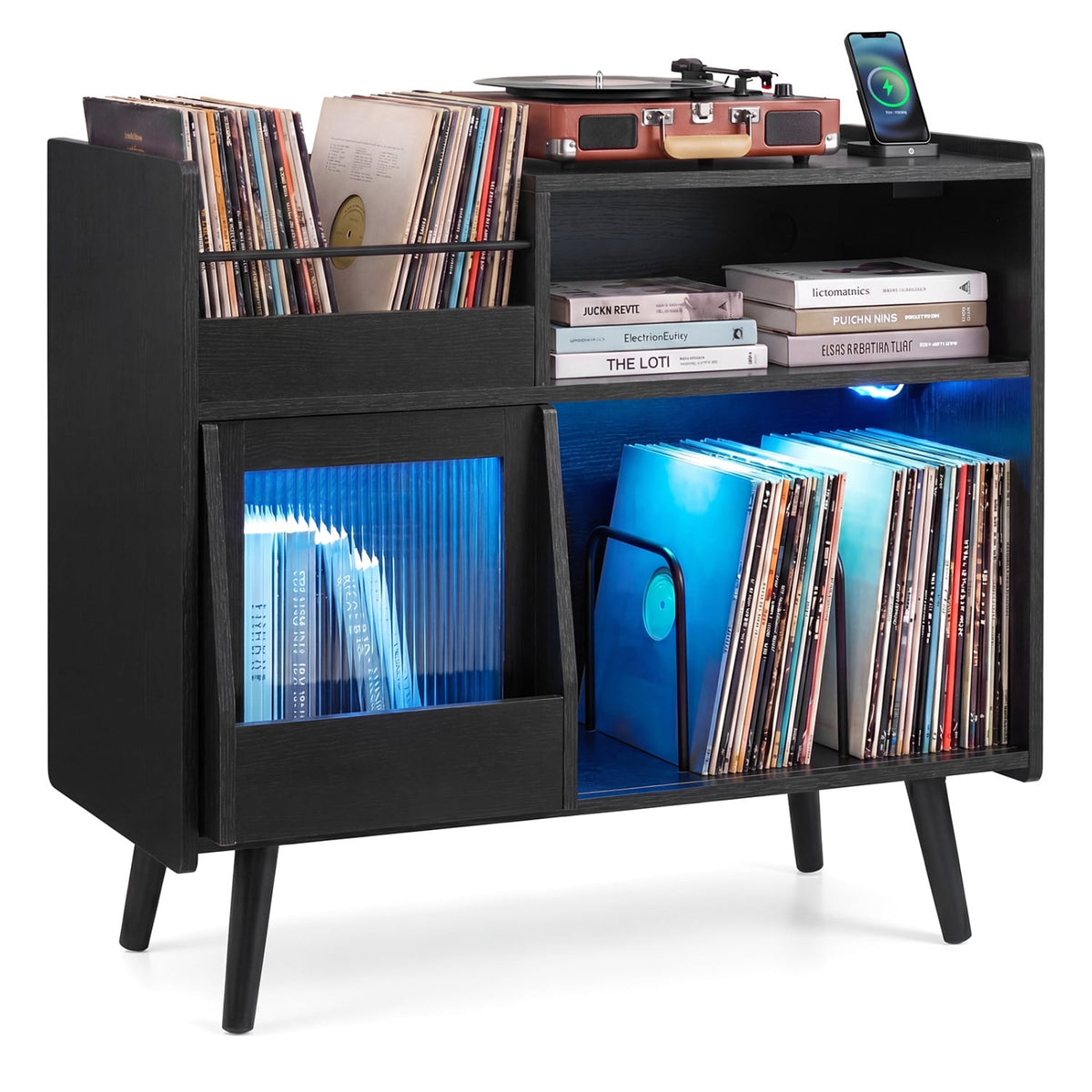 Record Player Stand with LED Light and Power Outlets-Black-End & Side Tables-DECOROLALA