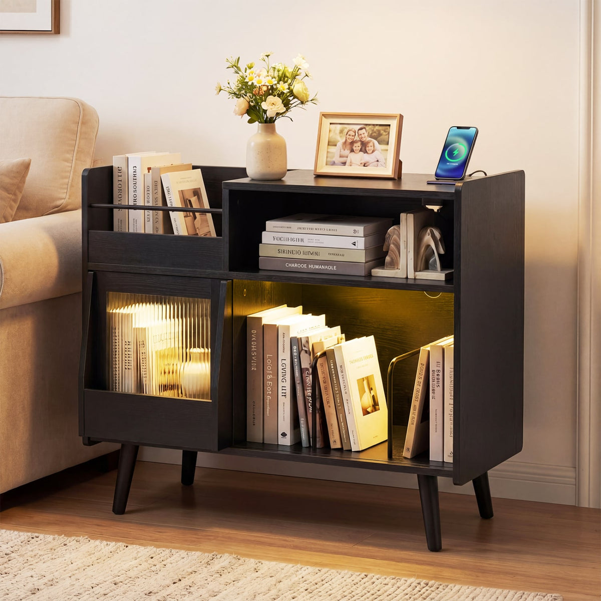 Record Player Stand with LED Light and Power Outlets-Black-End & Side Tables-DECOROLALA