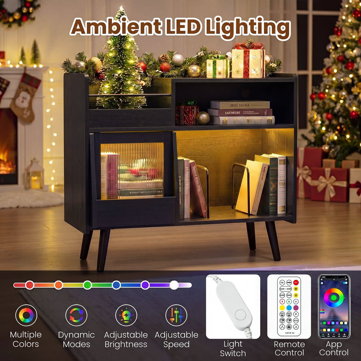 Record Player Stand with LED Light and Power Outlets-Black-End & Side Tables-DECOROLALA