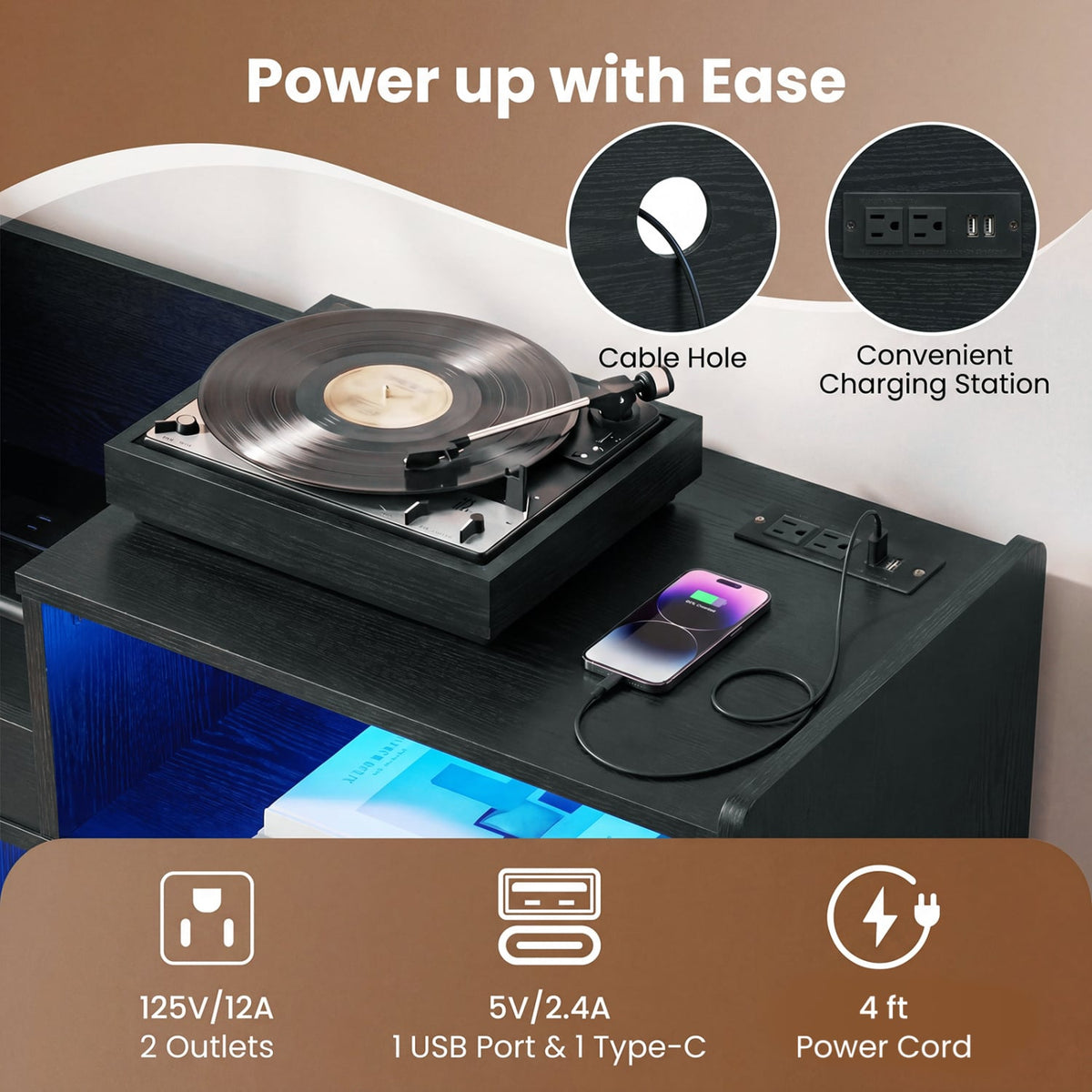 Record Player Stand with LED Light and Power Outlets-Black-End & Side Tables-DECOROLALA