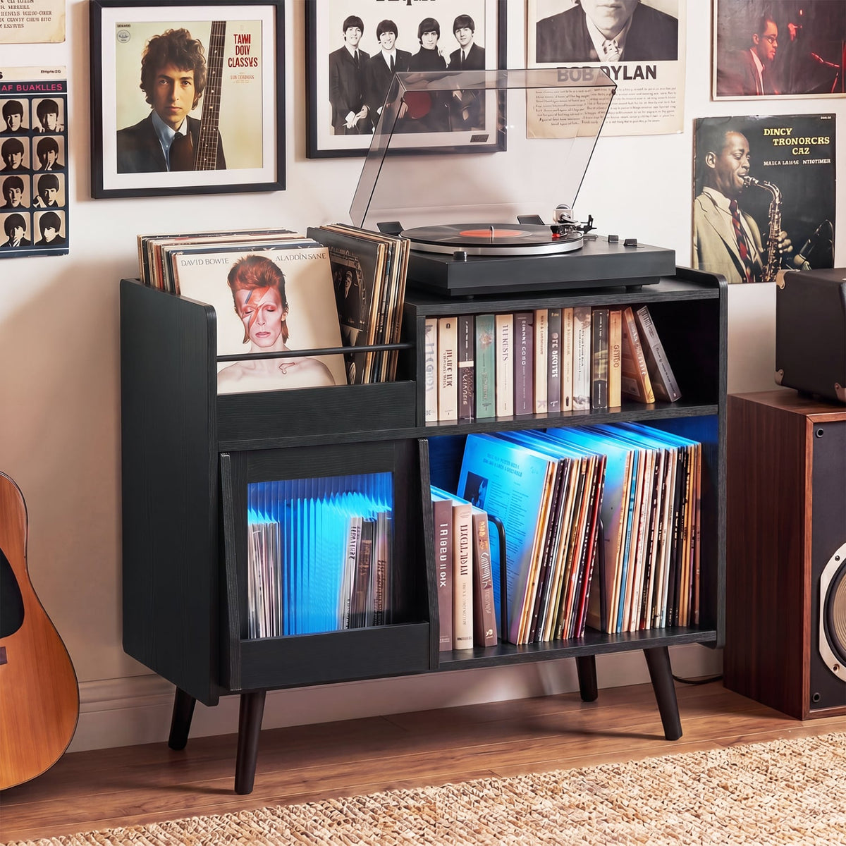 Record Player Stand with LED Light and Power Outlets-Black-End & Side Tables-DECOROLALA