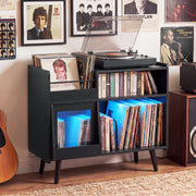 Record Player Stand with LED Light and Power Outlets-Black-End & Side Tables-DECOROLALA