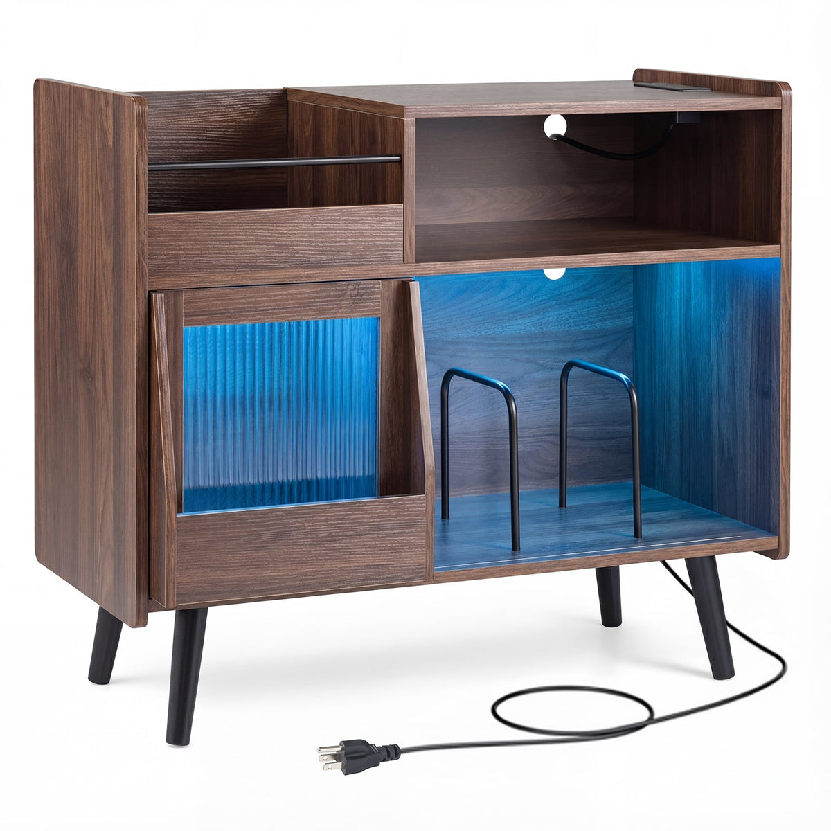 Record Player Stand with LED Light and Power Outlets Large Turntable Stand with Sliding Door-Brown-End & Side Tables-DECOROLALA