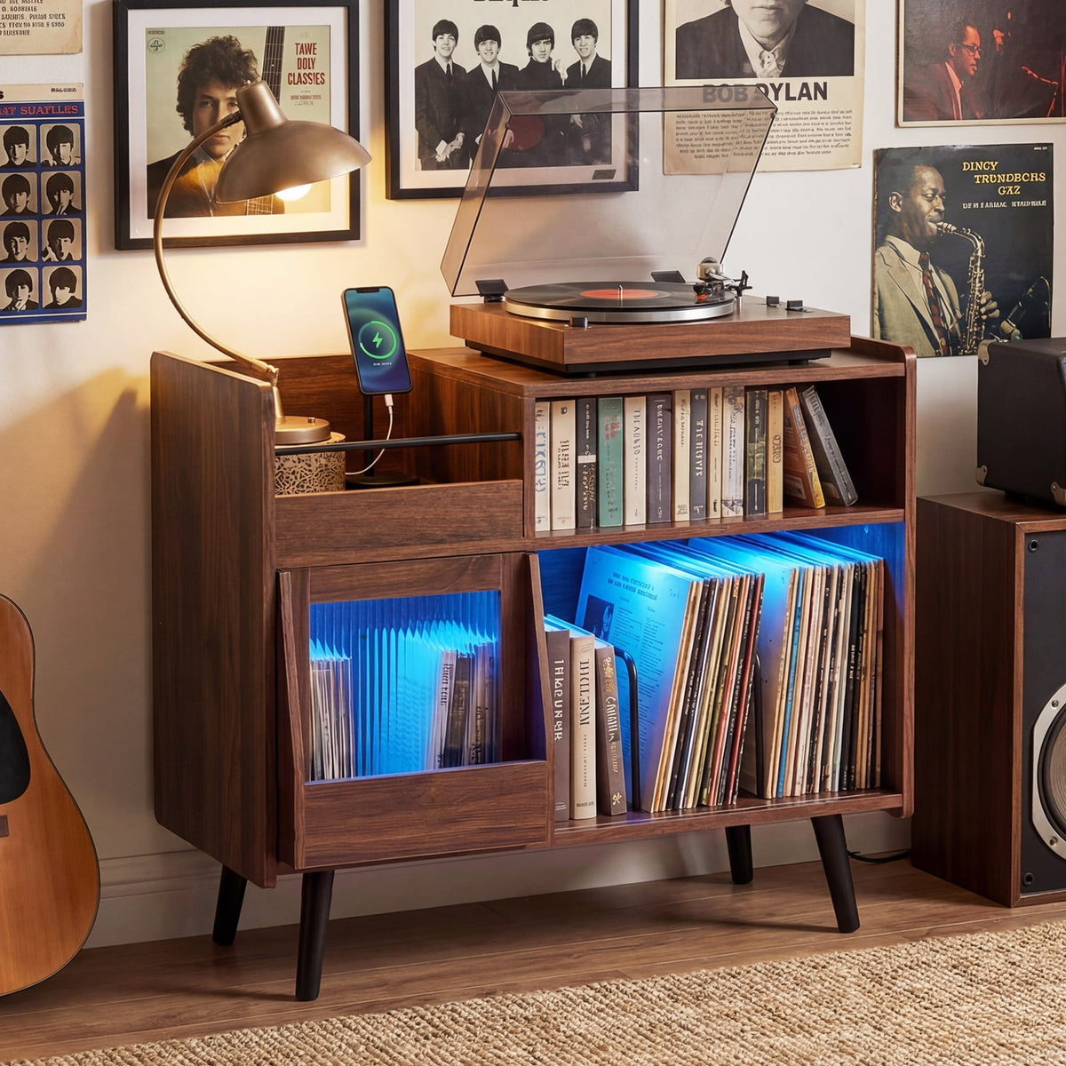 Record Player Stand with LED Light and Power Outlets Large Turntable Stand with Sliding Door-Brown-End & Side Tables-DECOROLALA