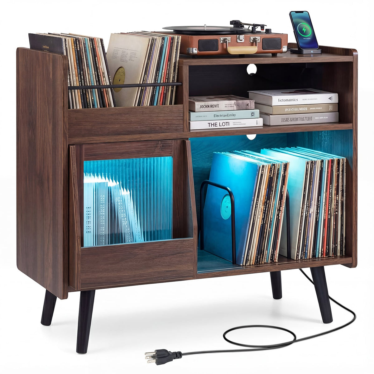 Record Player Stand with LED Light and Power Outlets Large Turntable Stand with Sliding Door-Brown-End & Side Tables-DECOROLALA