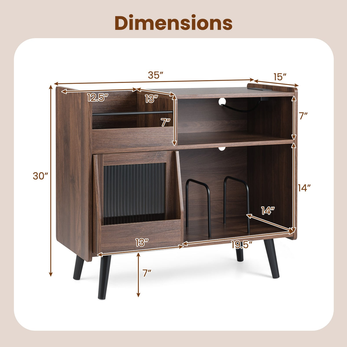 Record Player Stand with LED Light and Power Outlets Large Turntable Stand with Sliding Door-Brown-End & Side Tables-DECOROLALA