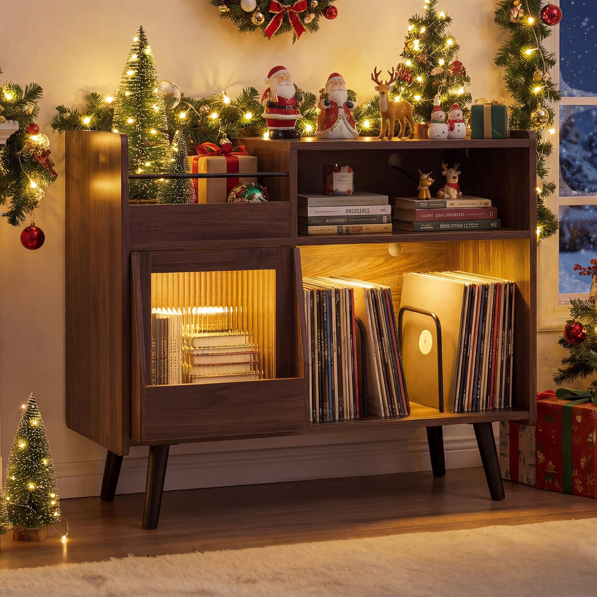 Record Player Stand with LED Light and Power Outlets Large Turntable Stand with Sliding Door-Brown-End & Side Tables-DECOROLALA