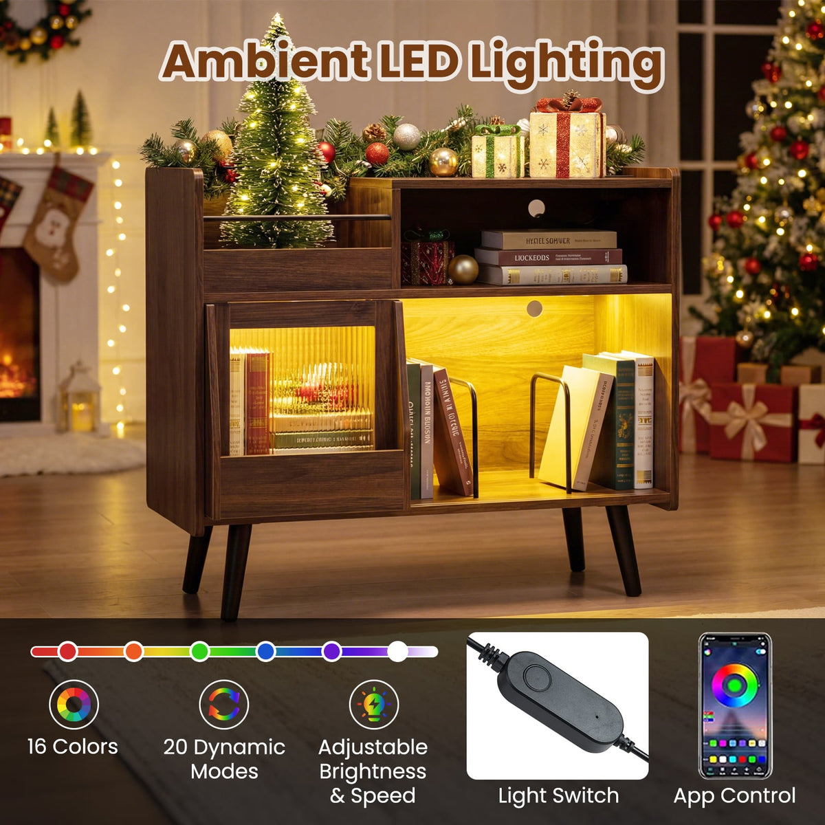 Record Player Stand with LED Light and Power Outlets Large Turntable Stand with Sliding Door-Brown-End & Side Tables-DECOROLALA