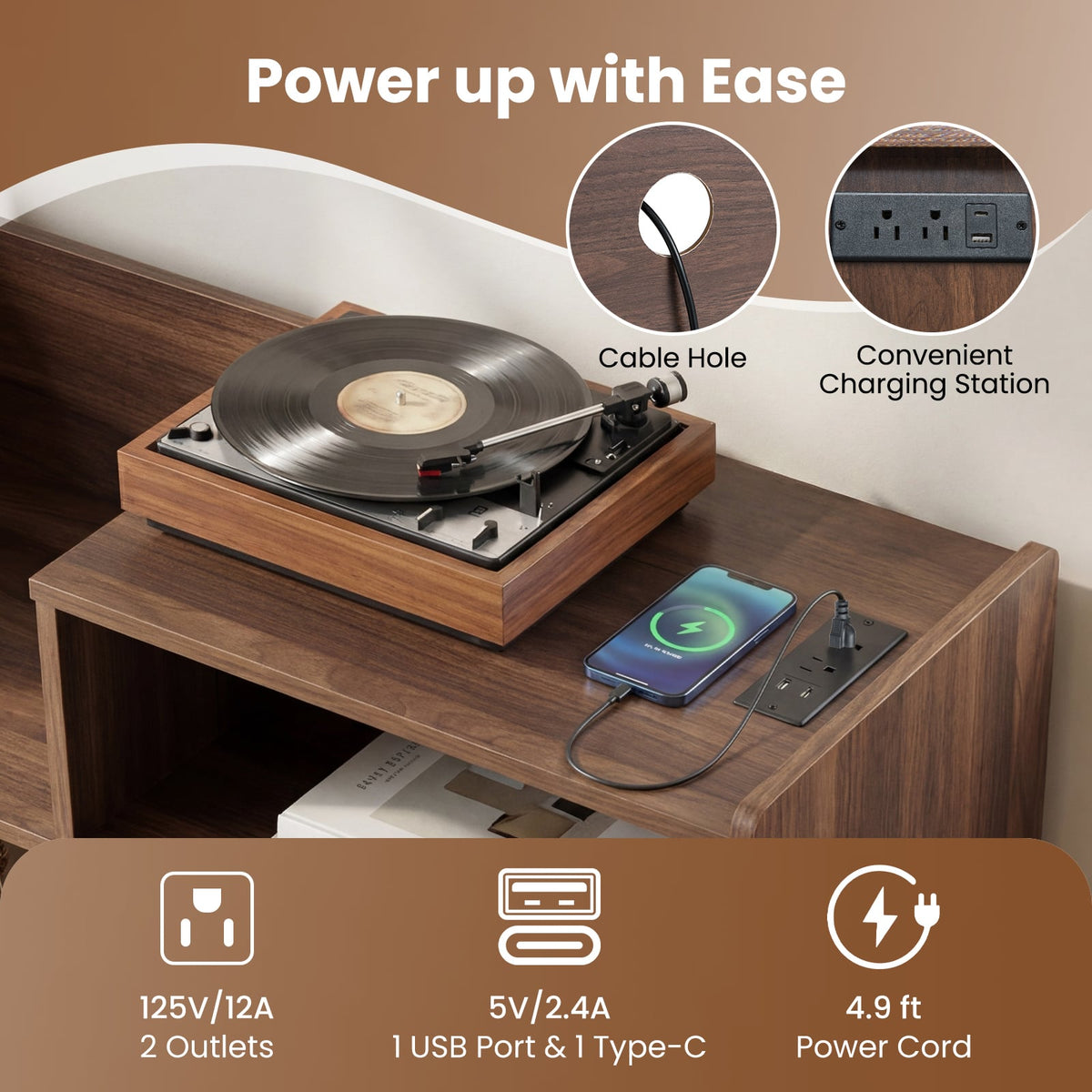 Record Player Stand with LED Light and Power Outlets Large Turntable Stand with Sliding Door-Brown-End & Side Tables-DECOROLALA