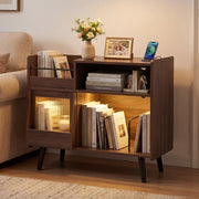 Record Player Stand with LED Light and Power Outlets Large Turntable Stand with Sliding Door-Brown-End & Side Tables-DECOROLALA