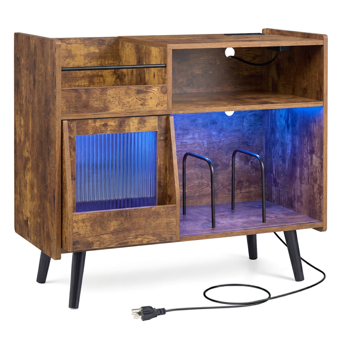 Record Player Stand with LED Light and Power Outlets-Rustic Brown-End & Side Tables-DECOROLALA