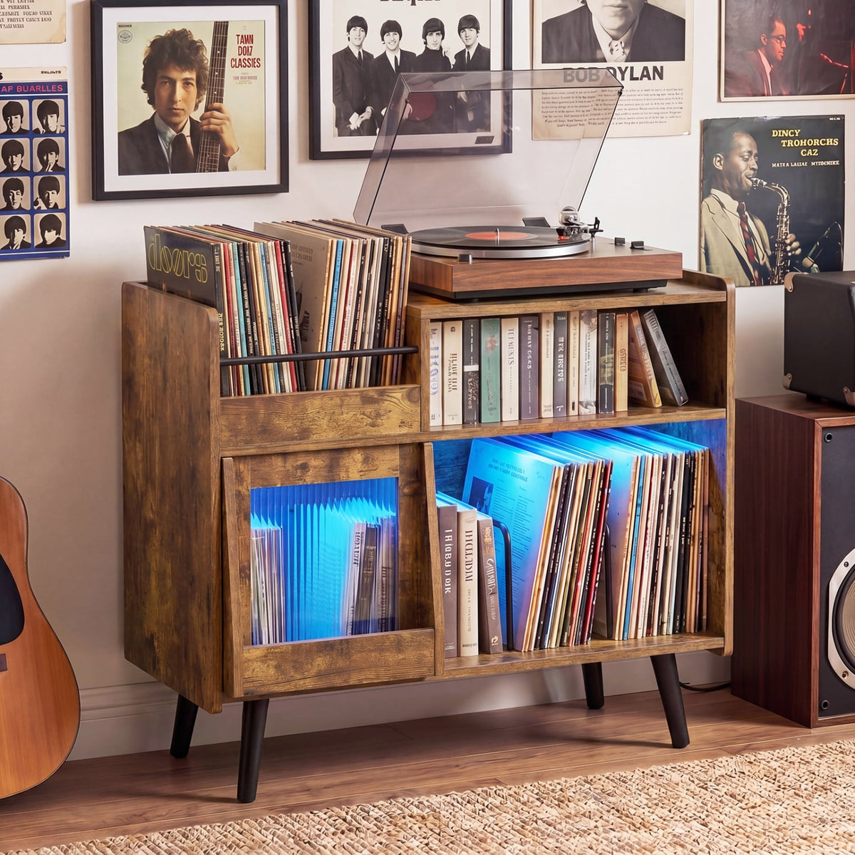 Record Player Stand with LED Light and Power Outlets-Rustic Brown-End & Side Tables-DECOROLALA