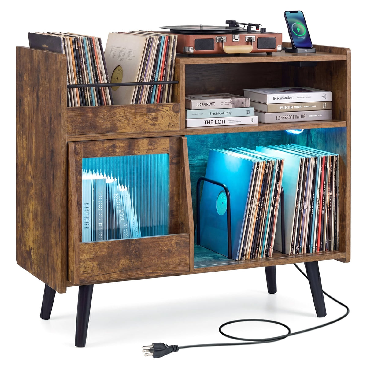 Record Player Stand with LED Light and Power Outlets-Rustic Brown-End & Side Tables-DECOROLALA
