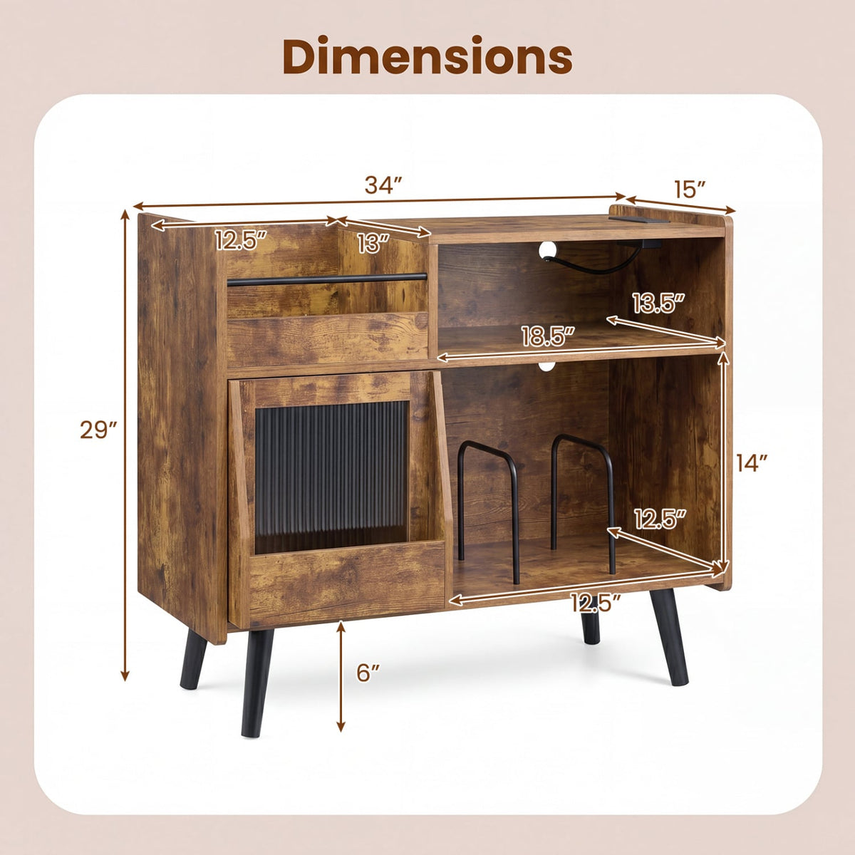 Record Player Stand with LED Light and Power Outlets-Rustic Brown-End & Side Tables-DECOROLALA