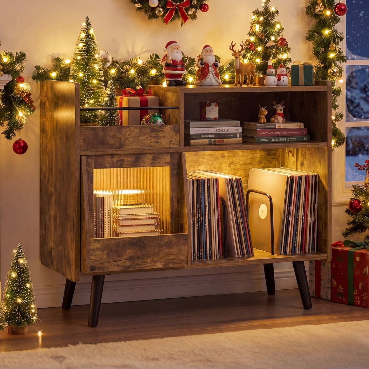 Record Player Stand with LED Light and Power Outlets-Rustic Brown-End & Side Tables-DECOROLALA