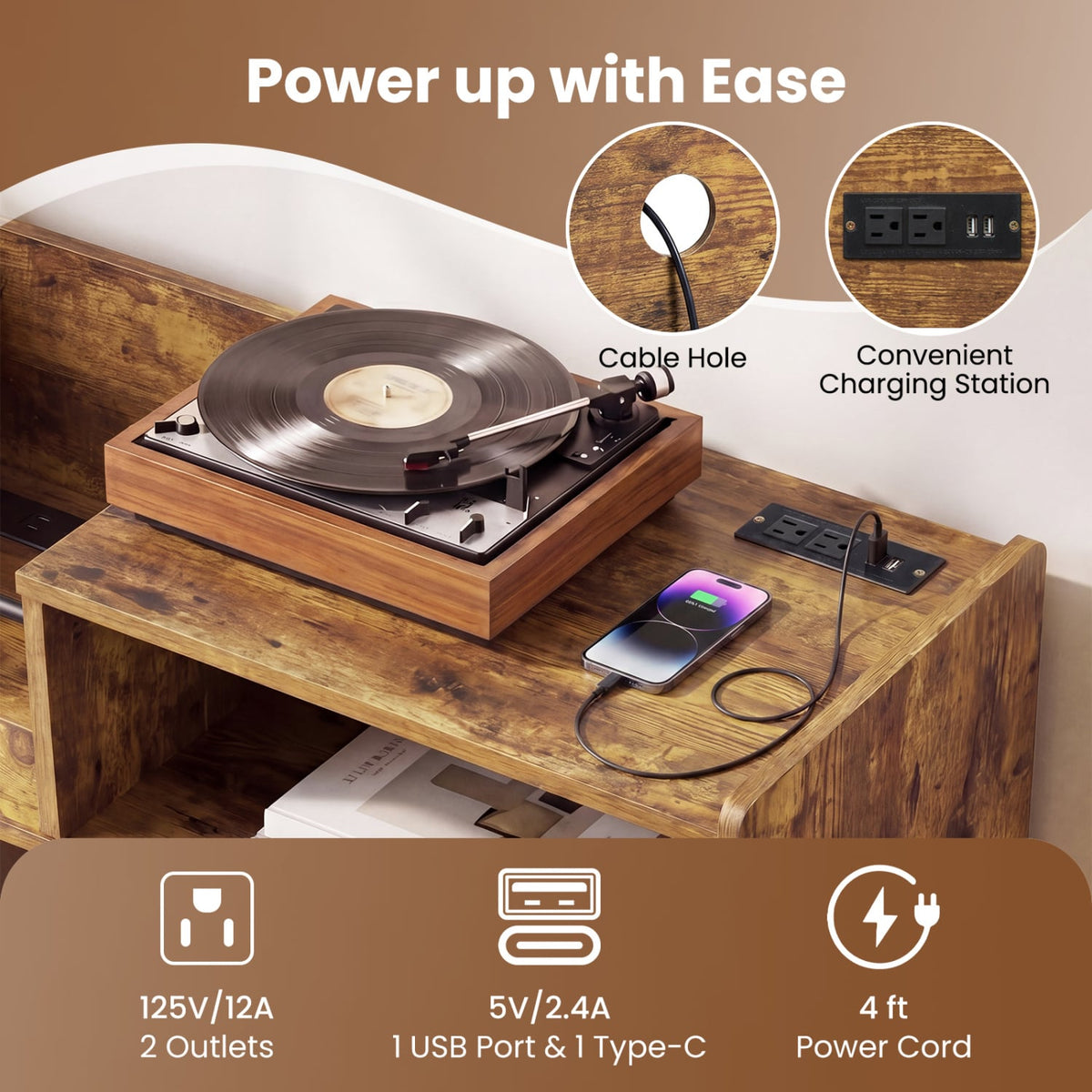 Record Player Stand with LED Light and Power Outlets-Rustic Brown-End & Side Tables-DECOROLALA