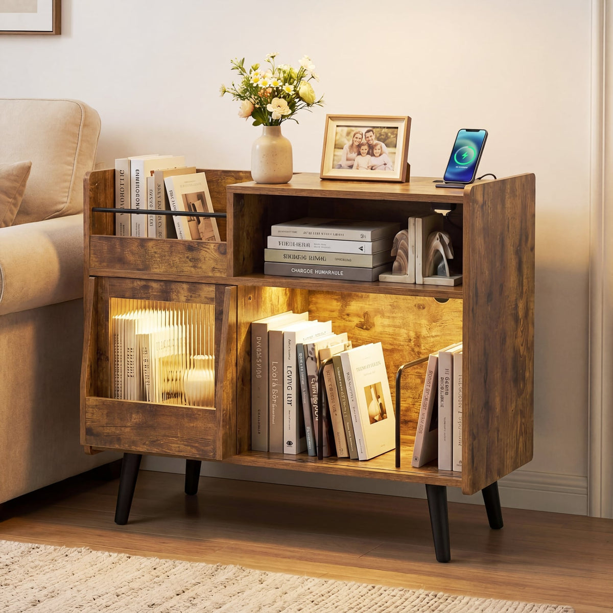 Record Player Stand with LED Light and Power Outlets-Rustic Brown-End & Side Tables-DECOROLALA