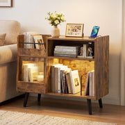 Record Player Stand with LED Light and Power Outlets-Rustic Brown-End & Side Tables-DECOROLALA