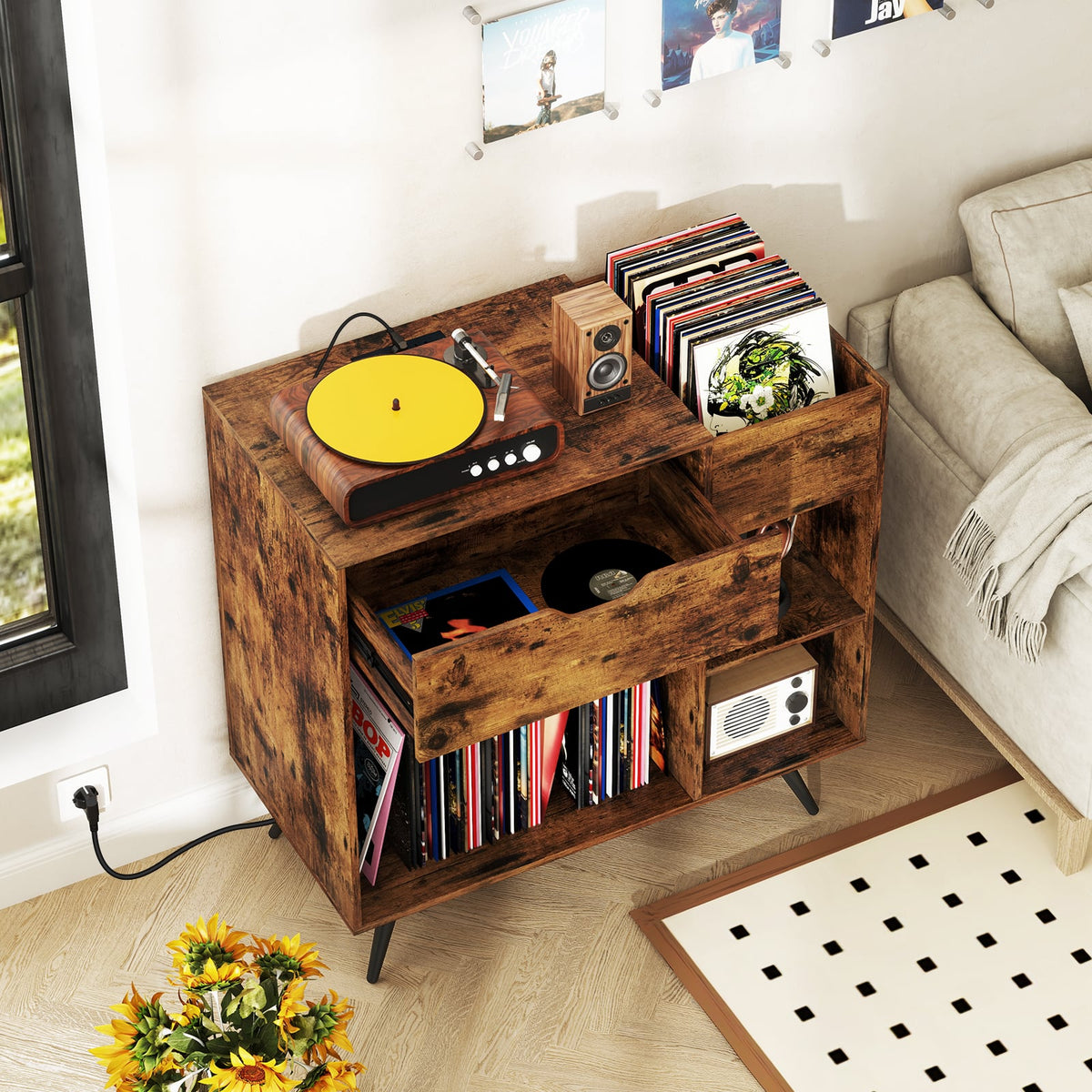 Record Player Stand with Power Outlet-Rustic Brown-End & Side Tables-DECOROLALA