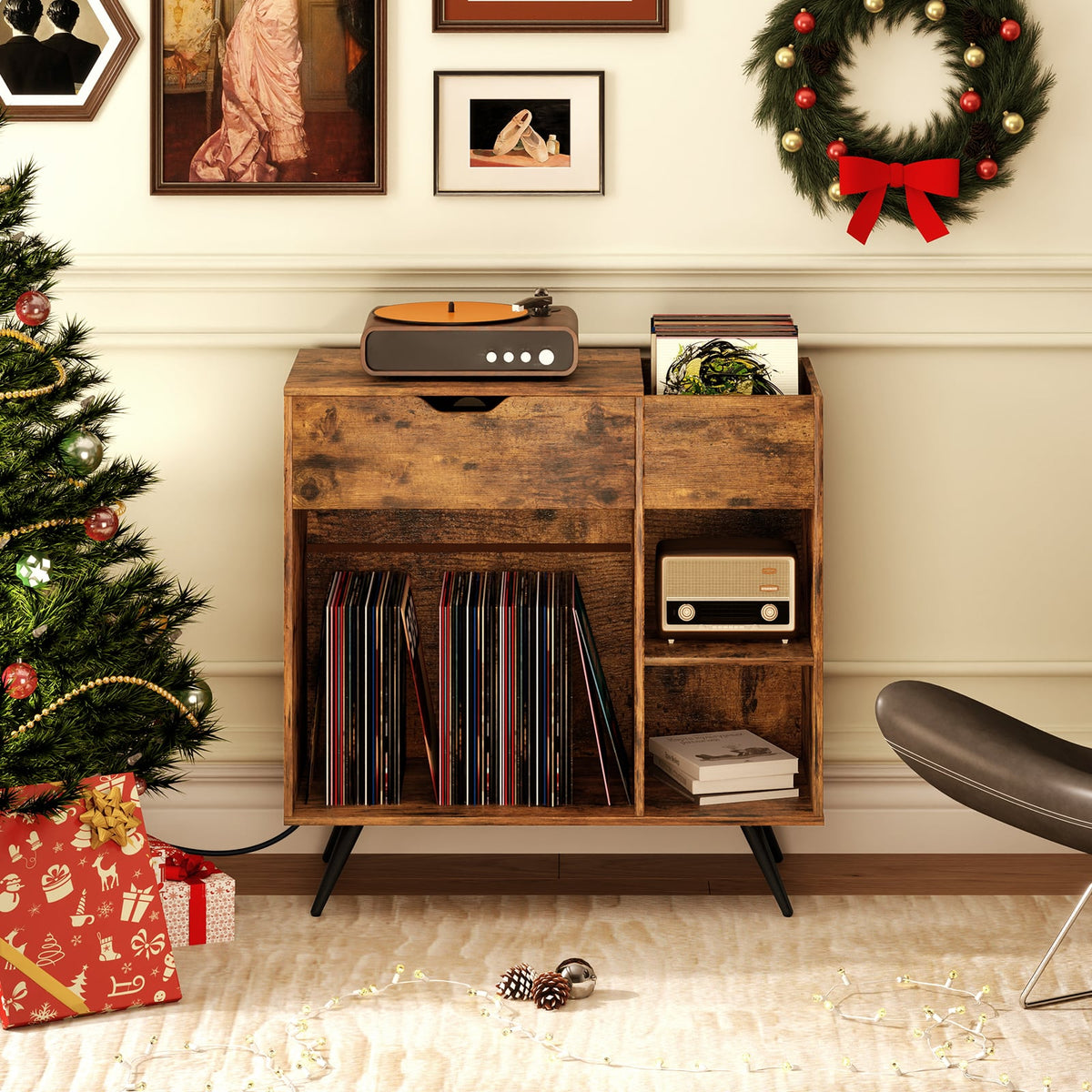 Record Player Stand with Power Outlet-Rustic Brown-End & Side Tables-DECOROLALA