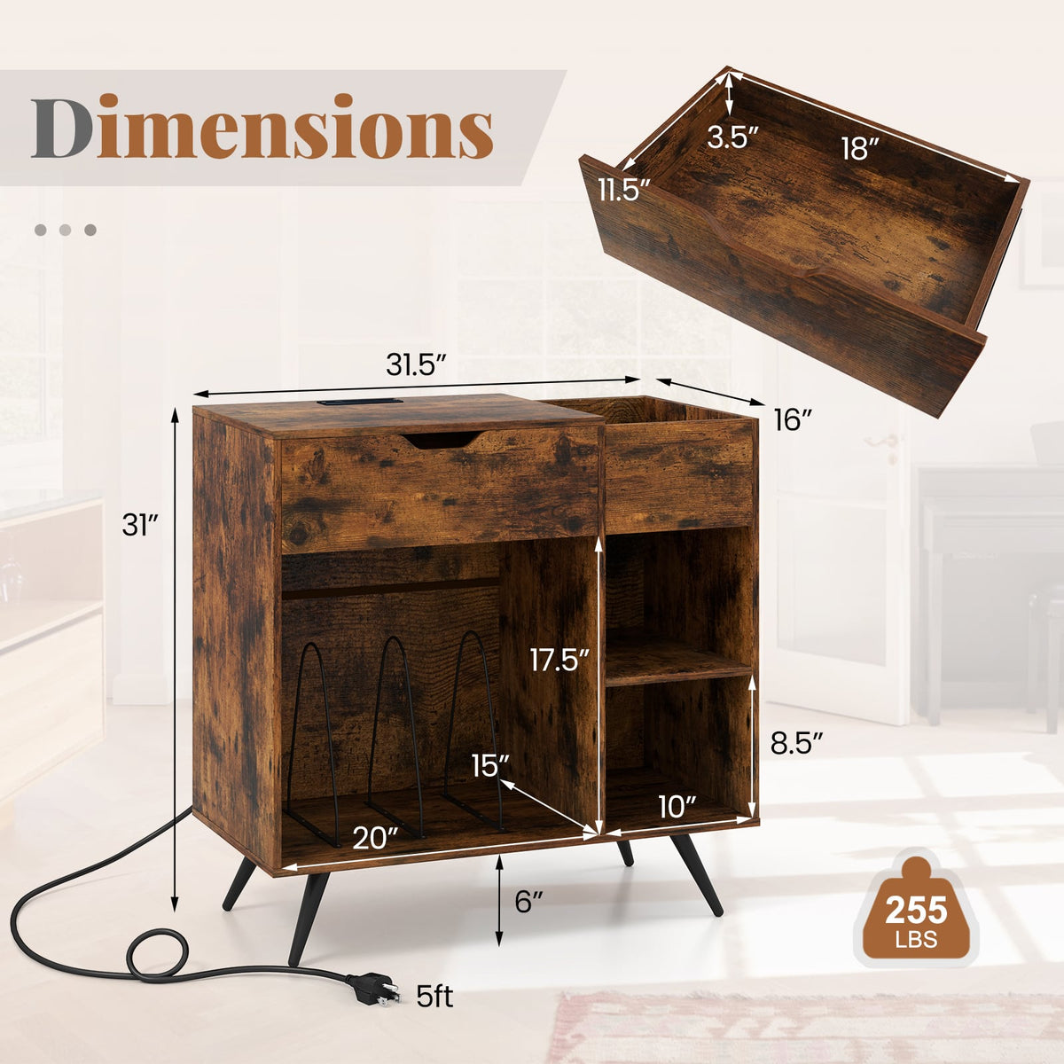 Record Player Stand with Power Outlet-Rustic Brown-End & Side Tables-DECOROLALA