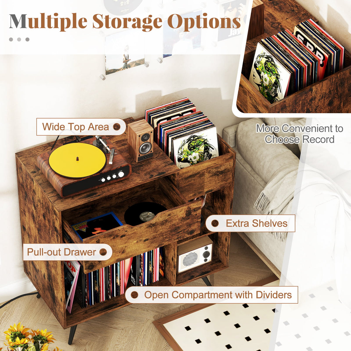 Record Player Stand with Power Outlet-Rustic Brown-End & Side Tables-DECOROLALA