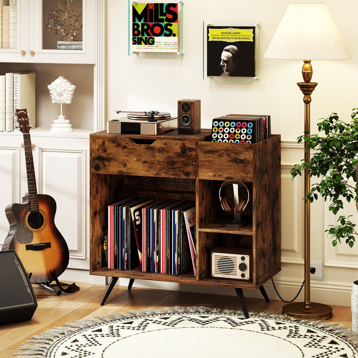 Record Player Stand with Power Outlet-Rustic Brown-End & Side Tables-DECOROLALA
