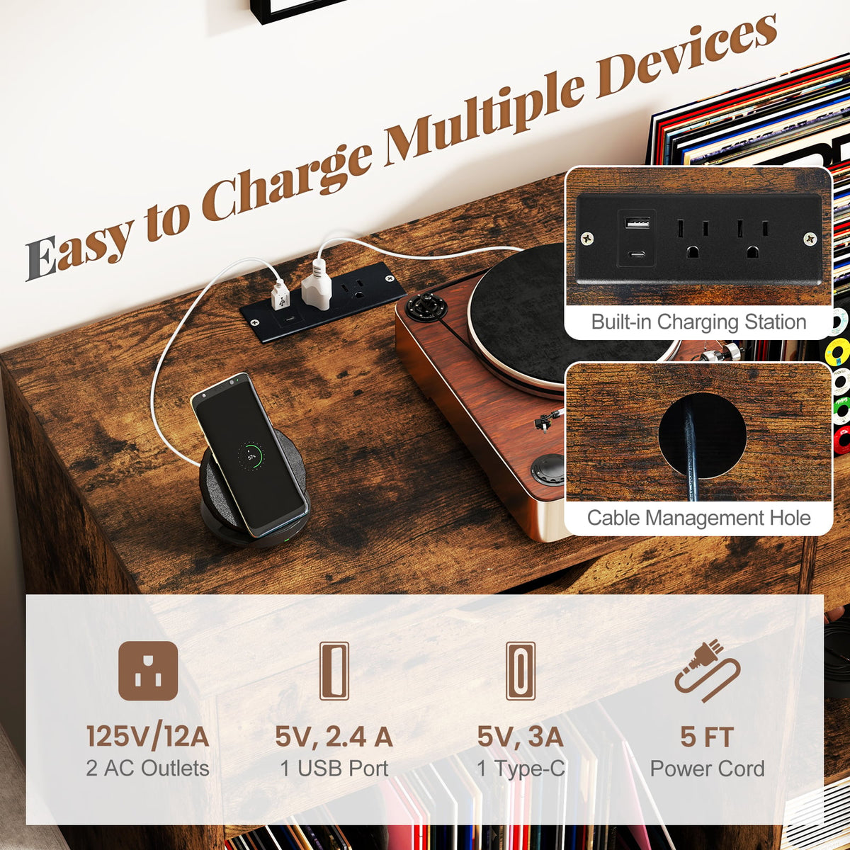 Record Player Stand with Power Outlet-Rustic Brown-End & Side Tables-DECOROLALA