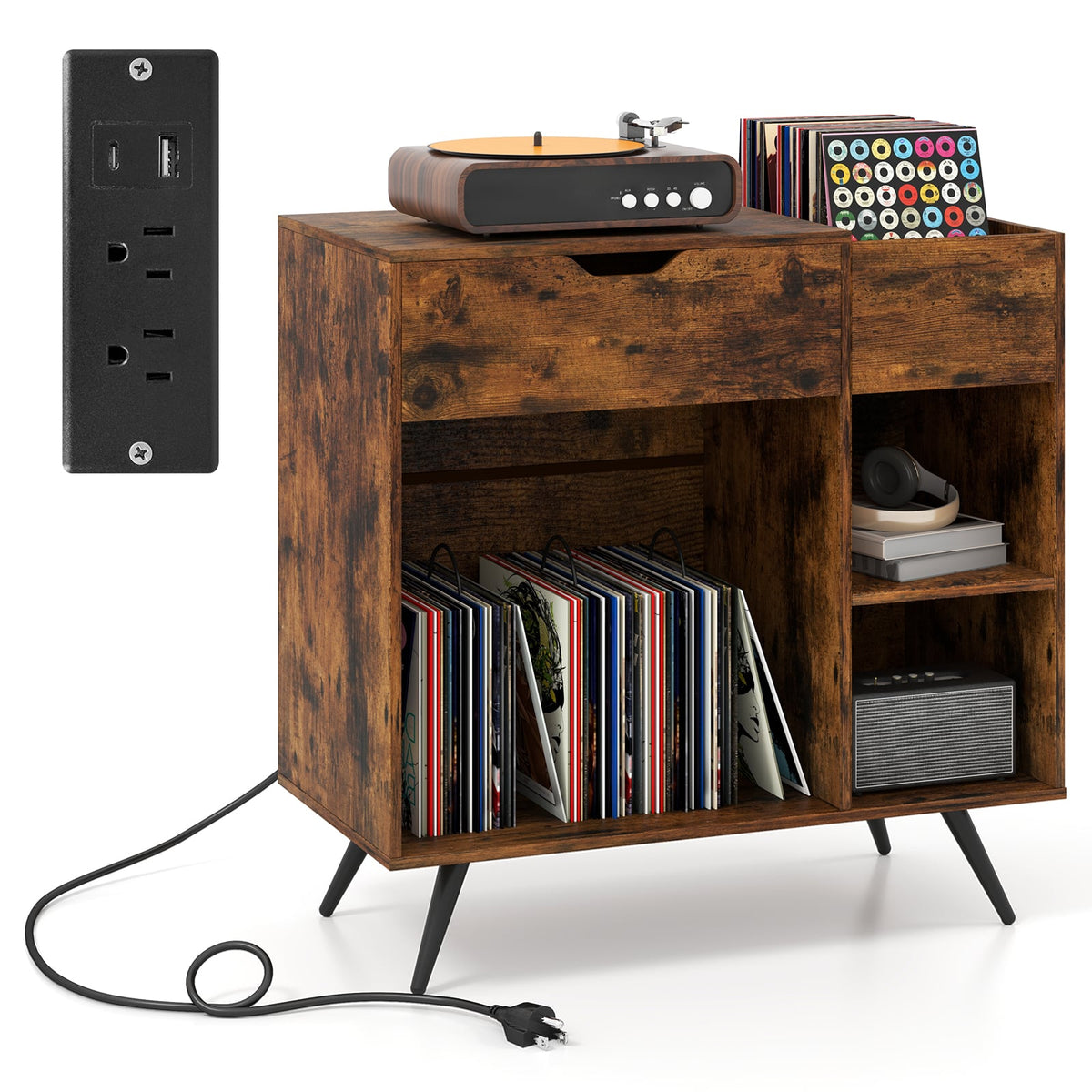 Record Player Stand with Power Outlet-Rustic Brown-End & Side Tables-DECOROLALA