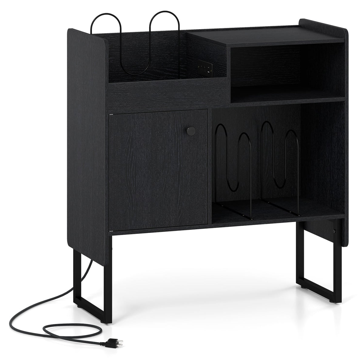 Record Player Stand with Power Outlets and Vinyl Storage Holder up to 250 Albums-Black-End & Side Tables-DECOROLALA