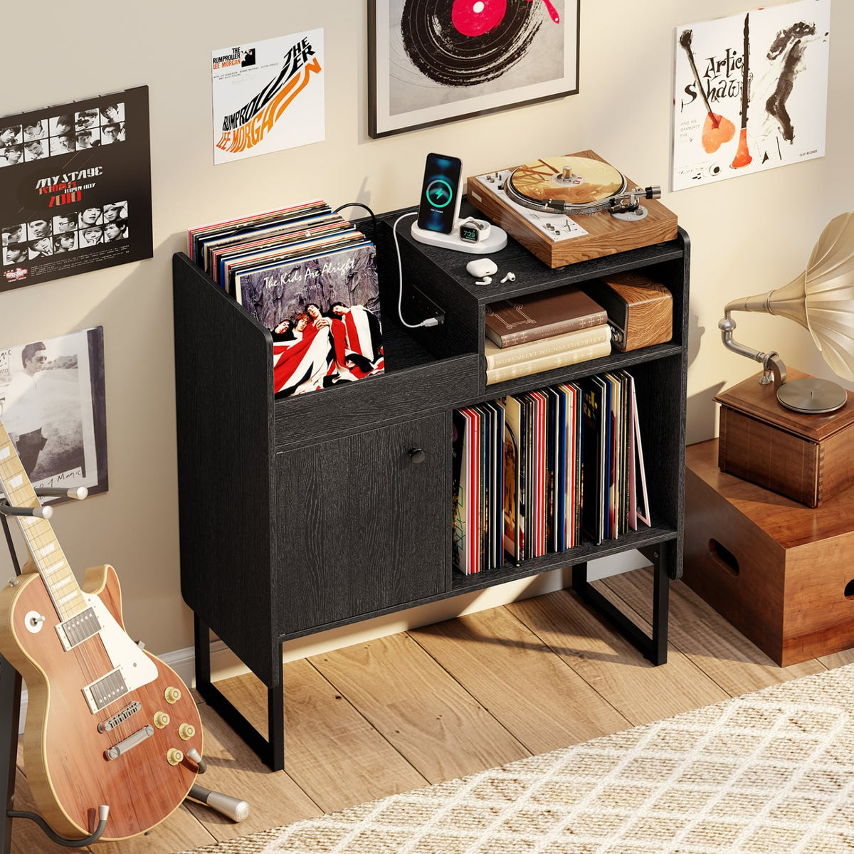 Record Player Stand with Power Outlets and Vinyl Storage Holder up to 250 Albums-Black-End & Side Tables-DECOROLALA