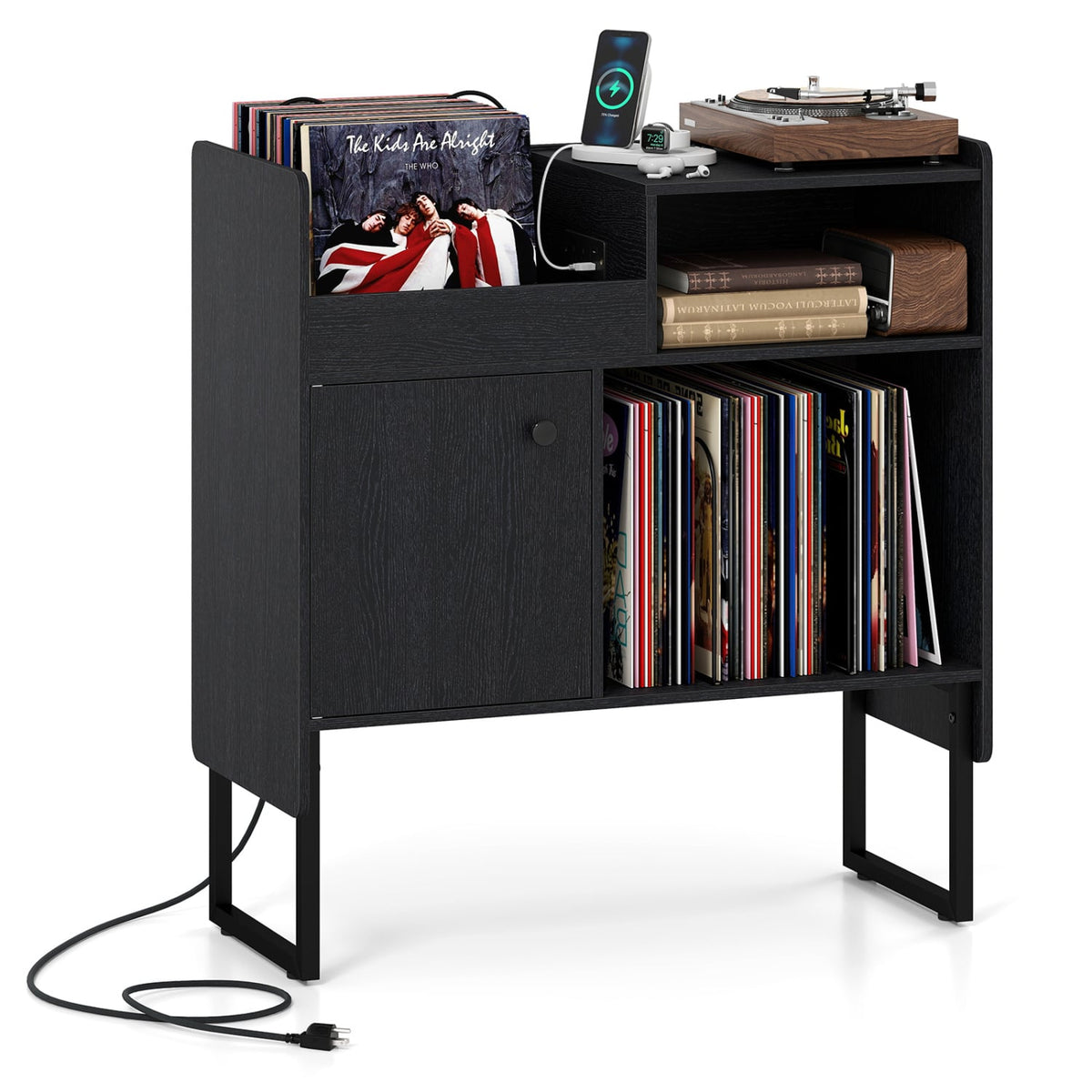 Record Player Stand with Power Outlets and Vinyl Storage Holder up to 250 Albums-Black-End & Side Tables-DECOROLALA