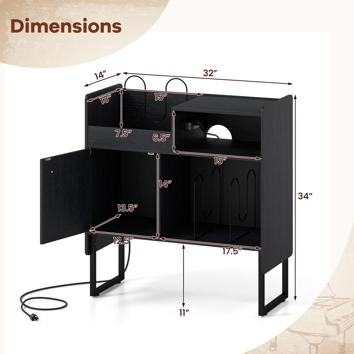Record Player Stand with Power Outlets and Vinyl Storage Holder up to 250 Albums-Black-End & Side Tables-DECOROLALA