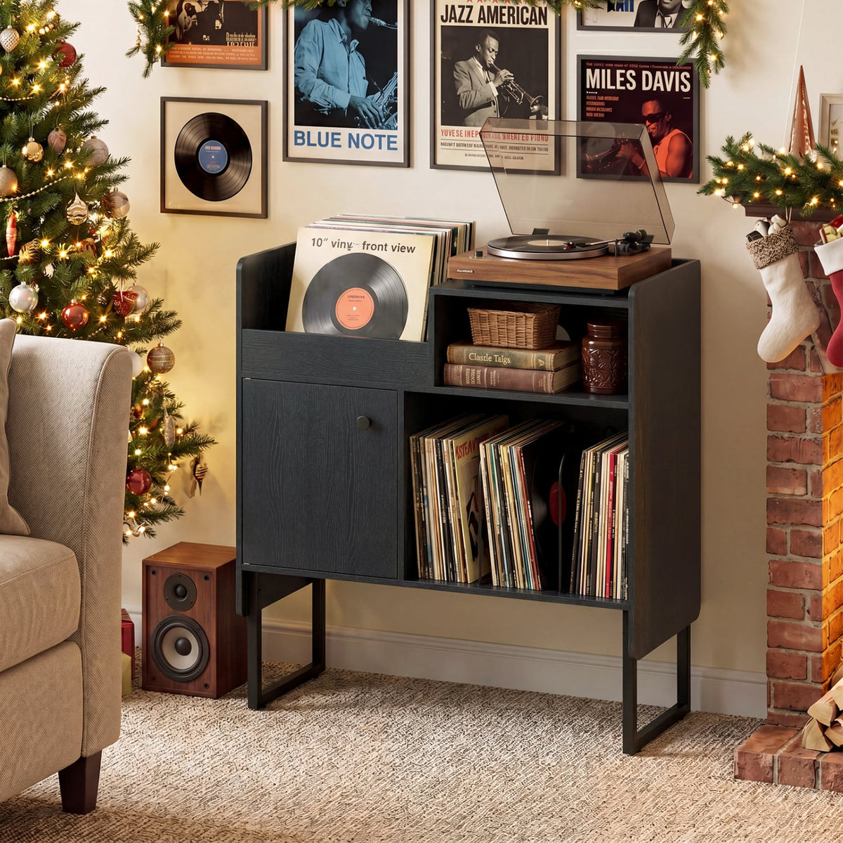 Record Player Stand with Power Outlets and Vinyl Storage Holder up to 250 Albums-Black-End & Side Tables-DECOROLALA
