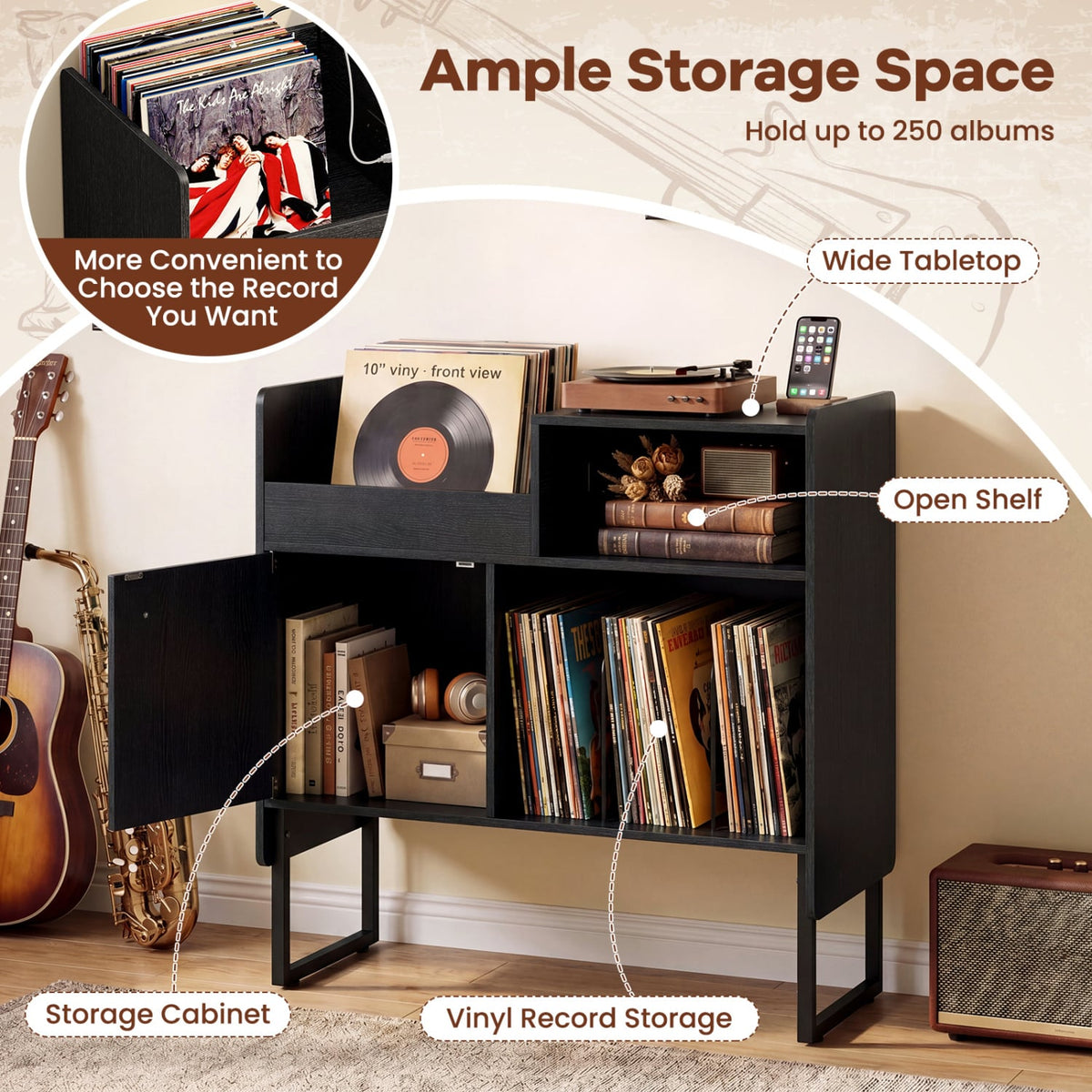 Record Player Stand with Power Outlets and Vinyl Storage Holder up to 250 Albums-Black-End & Side Tables-DECOROLALA