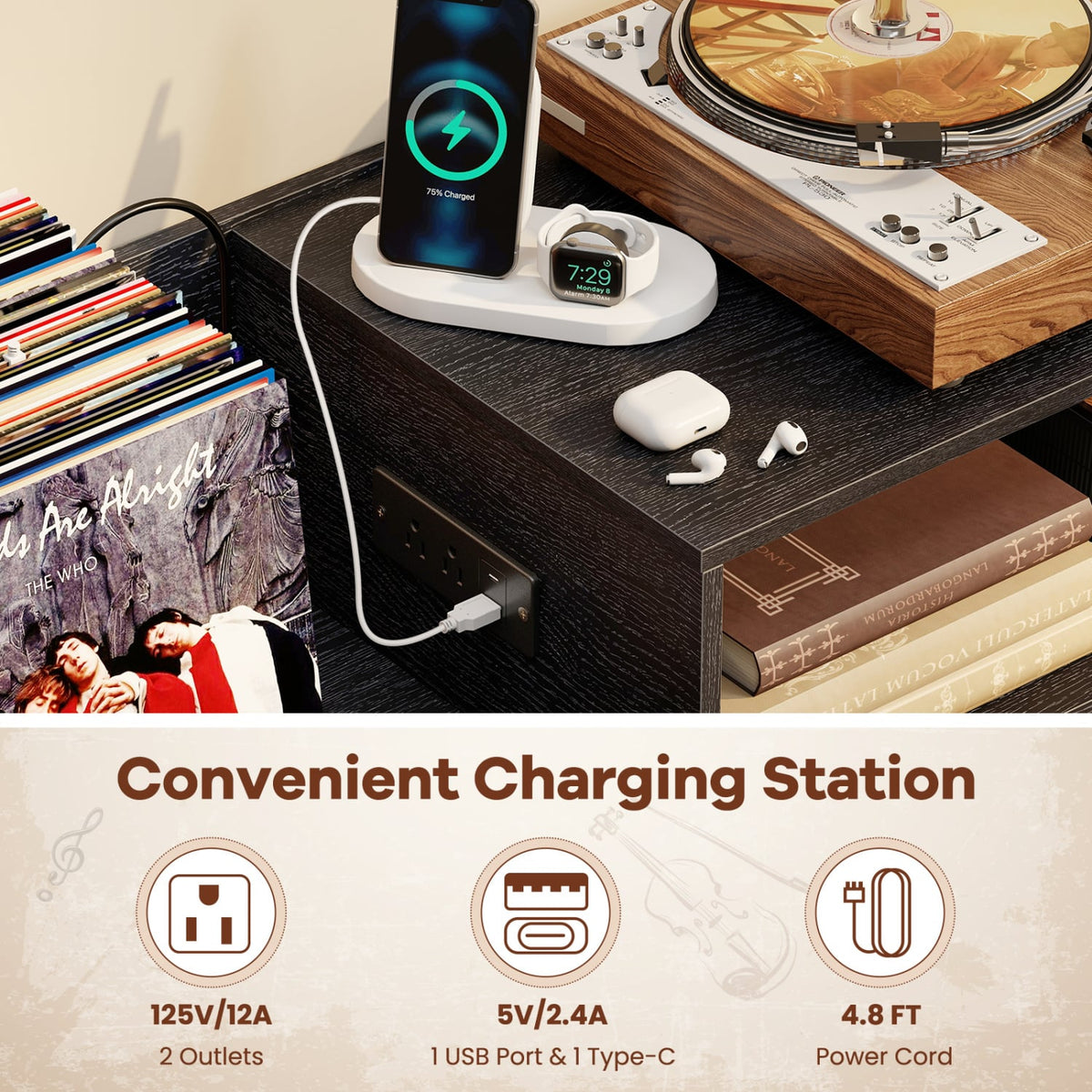 Record Player Stand with Power Outlets and Vinyl Storage Holder up to 250 Albums-Black-End & Side Tables-DECOROLALA