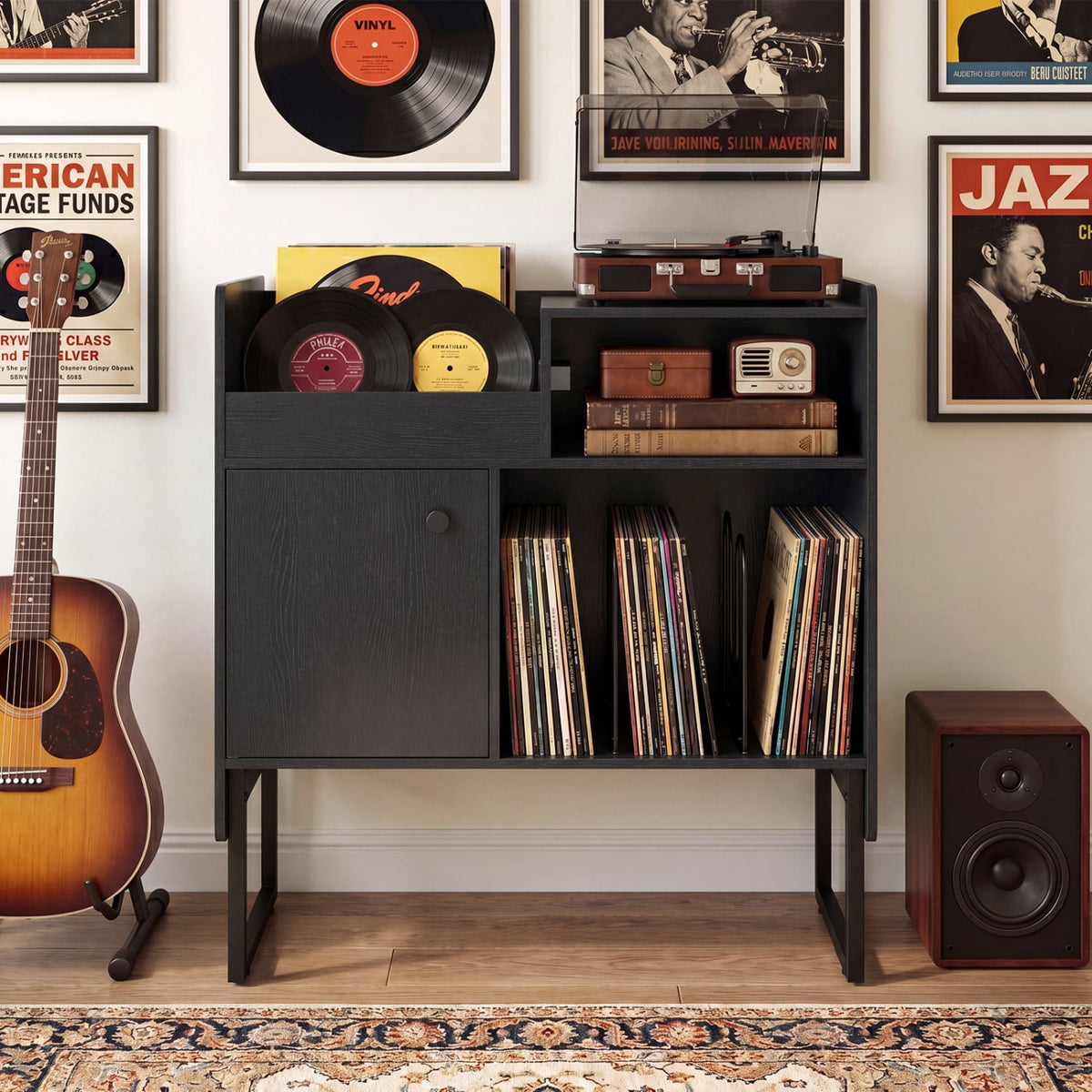 Record Player Stand with Power Outlets and Vinyl Storage Holder up to 250 Albums-Black-End & Side Tables-DECOROLALA