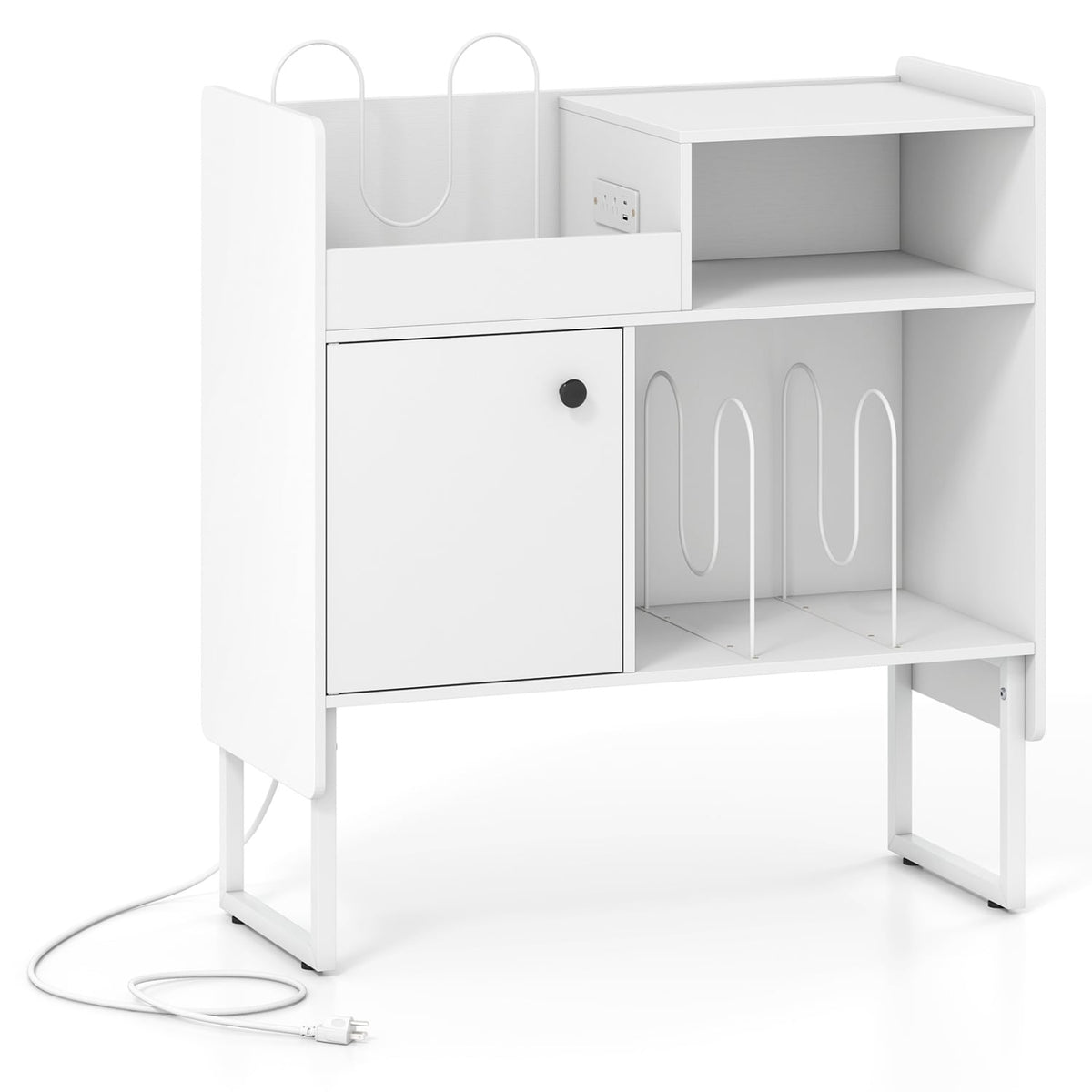 Record Player Stand with Power Outlets and Vinyl Storage Holder up to 250 Albums-White-End & Side Tables-DECOROLALA